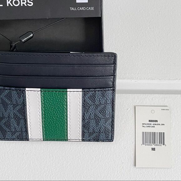 Michael Kors Hudson Logo Stripe Card Case Wallet Admiral Blue & Jewel Green NWT - Picture 8 of 8